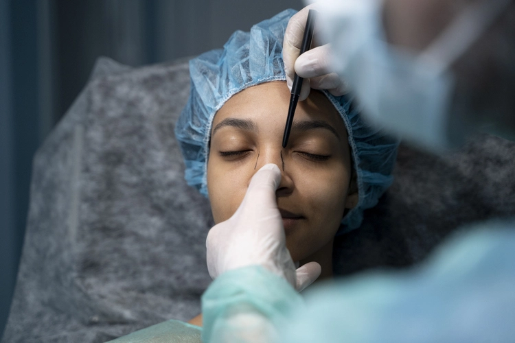 medico-marcando-Rinoplastia-em-face-de-mulher-negra